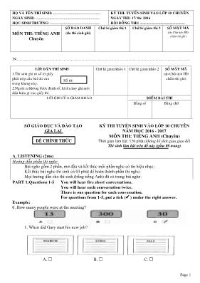 Đề thi tuyển sinh vào Lớp 10 môn Tiếng Anh (Chuyên) - Năm học 2016-2017 - Sở GD & ĐT Gia Lai